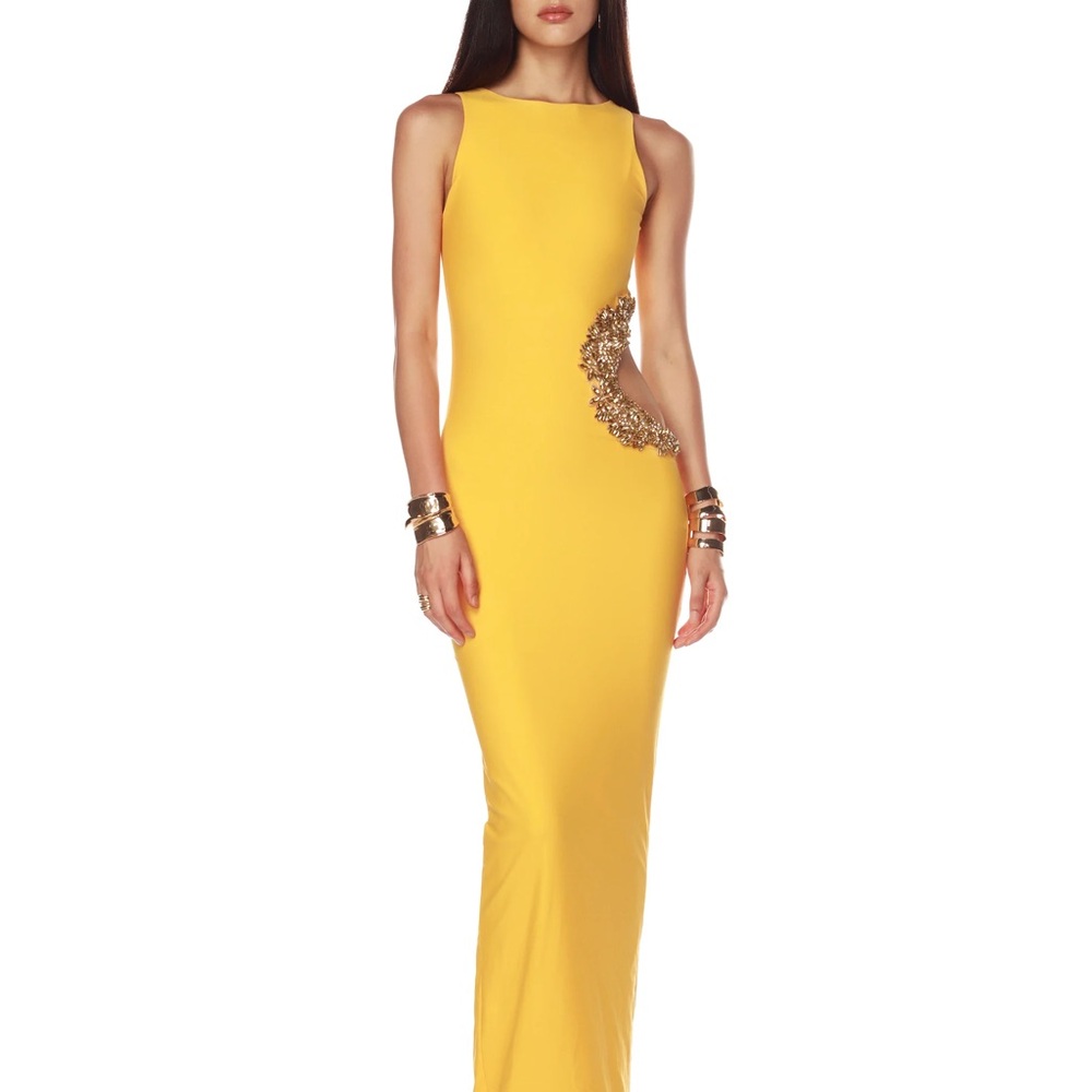 Bronx and Banco Yellow Halter Maxi Dress with Cutouts